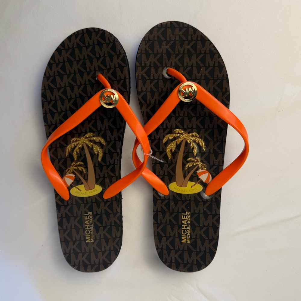 Michael Kors Orange Strap Brown Monogram Flip Flops with Gold Logo